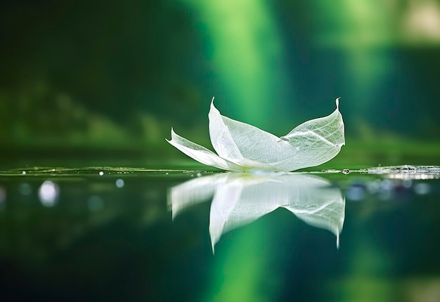 White transparent leaf on mirror surface with reflection on green background macro