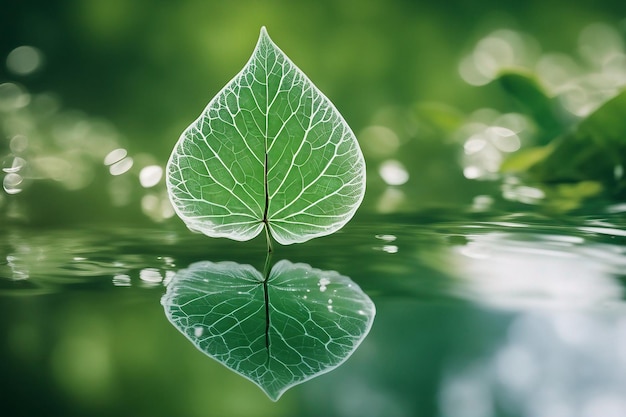 녹색 배경에 반사 된 거울 표면에  투명한 잎