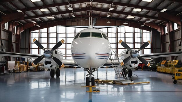 Photo white transport turboprop airplane in the hangar checking mechanical systems for flight operations