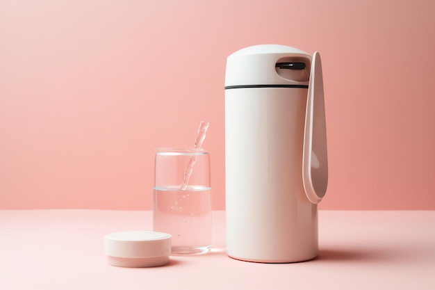 A white travel mug with a glass of water on a pink background.