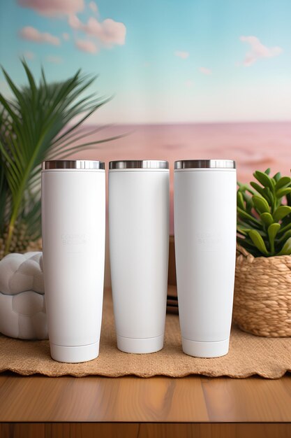 White travel mugs set on wooden tabletop