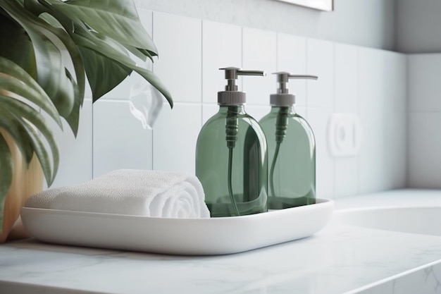A white tray with two bottles of soap next to a plant.