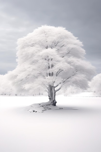 A white tree with snow on it is covered in ice.