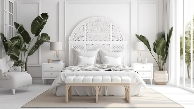 White tropical bedroom interior Coastal style 3d render Bright color Generative Ai