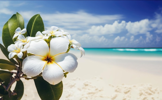 Photo white tropical flower frangipani over beautiful beach generative ai
