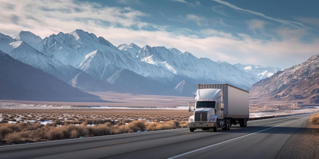 a white truck carries goods against the backdrop of mountains Generative AI