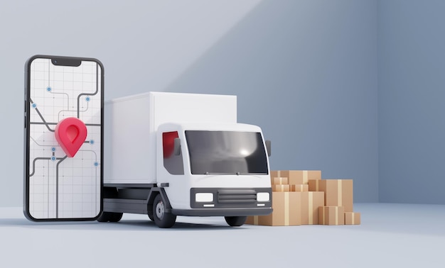 Camion bianco per la consegna del servizio di smartphone online rendering 3d