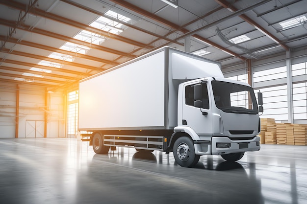 A white truck in a large room