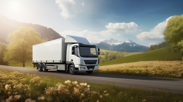 White truck mowing on picturesque landscape summer road delivery concept generative ai