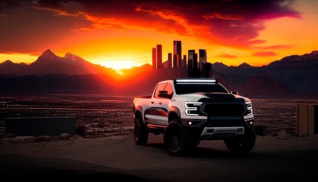 A white truck with a city in the background