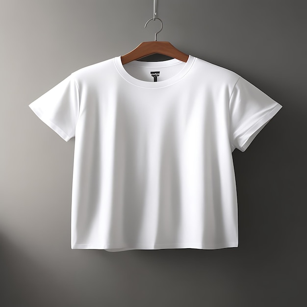 白い T シャツのデザインのモックアップとハンガー上の灰色の背景の白い T シャツのモックアップ