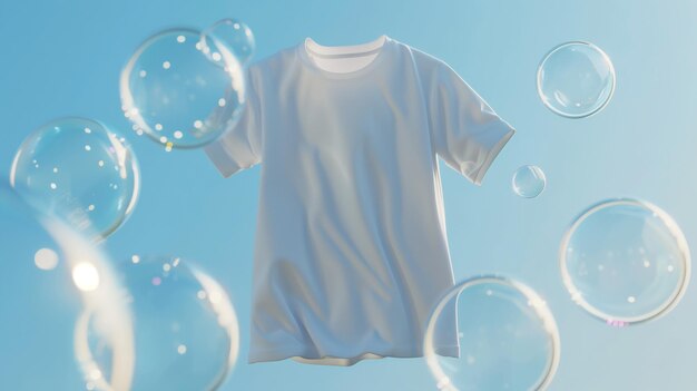Photo a white tshirt floats in the air surrounded by transparent bubbles on a light sky blue backgrounds