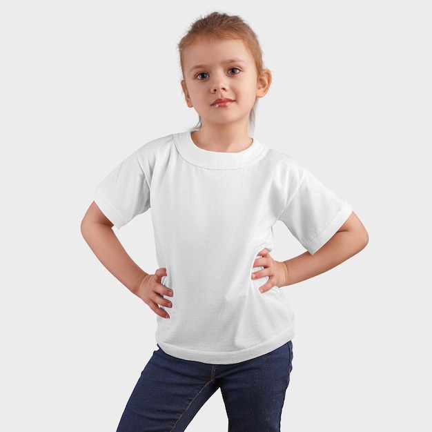 ブルージーンズの女の子の白いTシャツと子供の腰の空の服の手