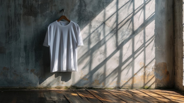 White tshirt hang on concrete wall with shadow light