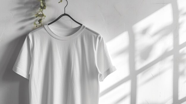 写真 白いコンクリートの壁にハンガーにぶら下がっている白いtシャツと背景の植物