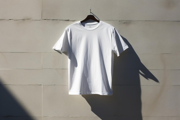 Photo white tshirt hanging on a wall generative ai