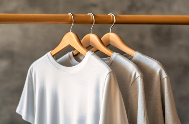 Photo white tshirt hanging on a wooden rack