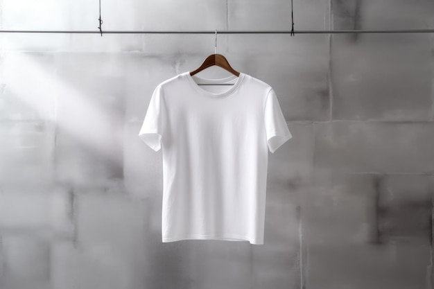 A white Tshirt hangs on a hanger against a concrete wall a place for text