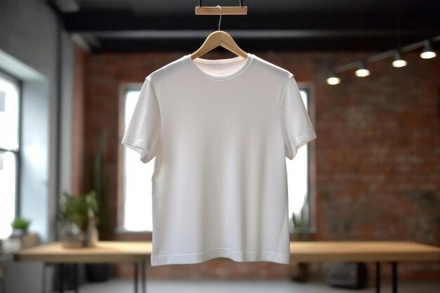 A white Tshirt is hanging on a hanger Place for text