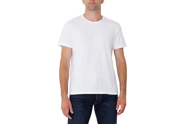 Photo white tshirt on a man layout isolated on a white background copy space