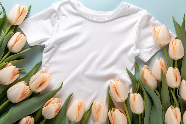 White tshirt mock up for branding in the center of image tulips on the edges of the image