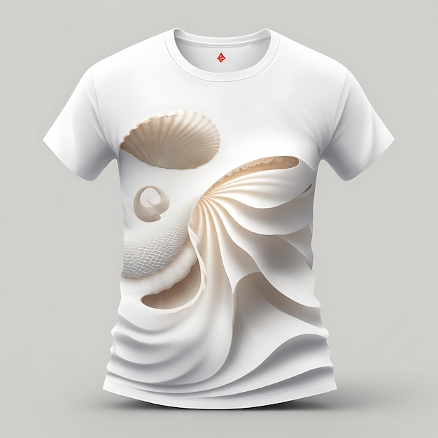 a white tshirt mockup for a beachwear brand with a simple yet elegant seashell and wave design