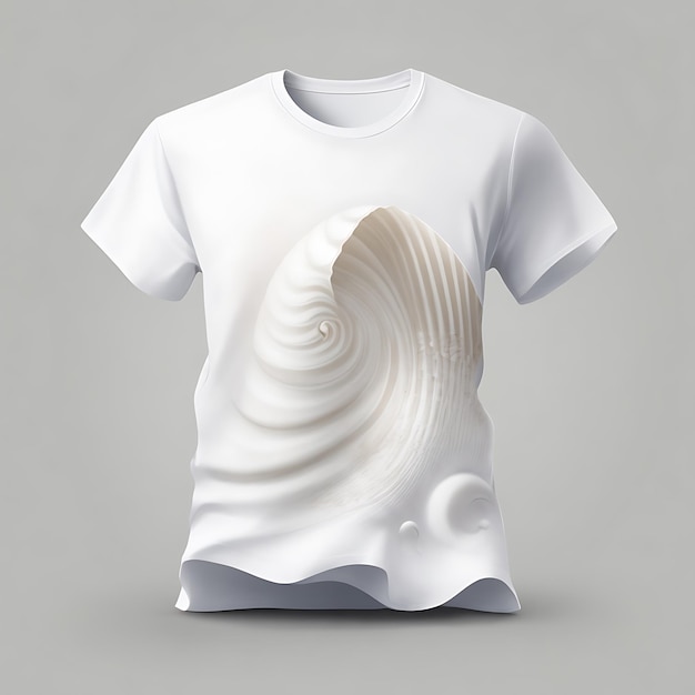 a white tshirt mockup for a beachwear brand with a simple yet elegant seashell and wave design