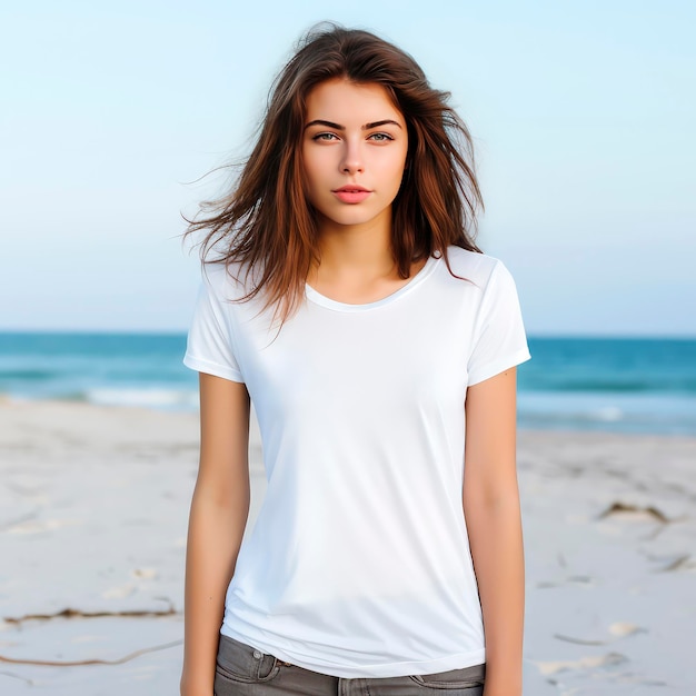 Макет белой футболки брюнетки на фоне океанского пляжа, сгенерированный AI