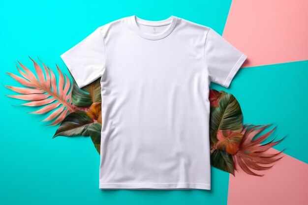 White tshirt mockup on colorful background flat lay tee te