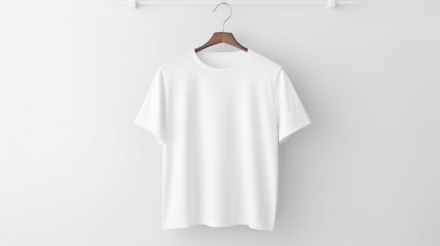 A white Tshirt mockup hangs on a hunger white background isolated