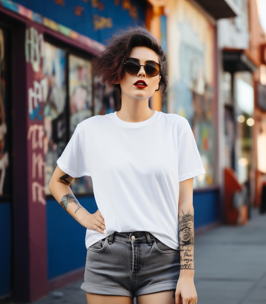 White tshirt mockup stylish girl on street boho woman with tattoos sunglasses teeshirt template