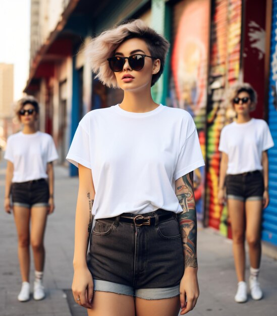 White tshirt mockup stylish girl on street boho woman with tattoos sunglasses teeshirt template