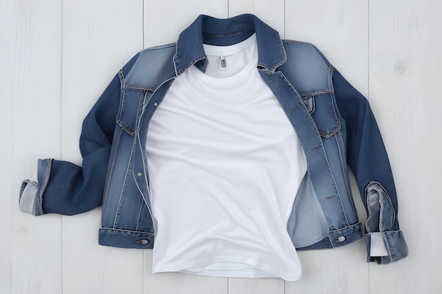 White tshirt mockup with denim coat blank white tshirt t shirt front isolated wood background