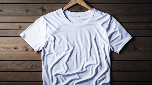 White tshirt mockup on wooden texture background