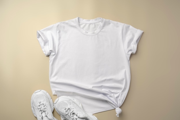 Photo white tshirt and sneakers on beige background top view