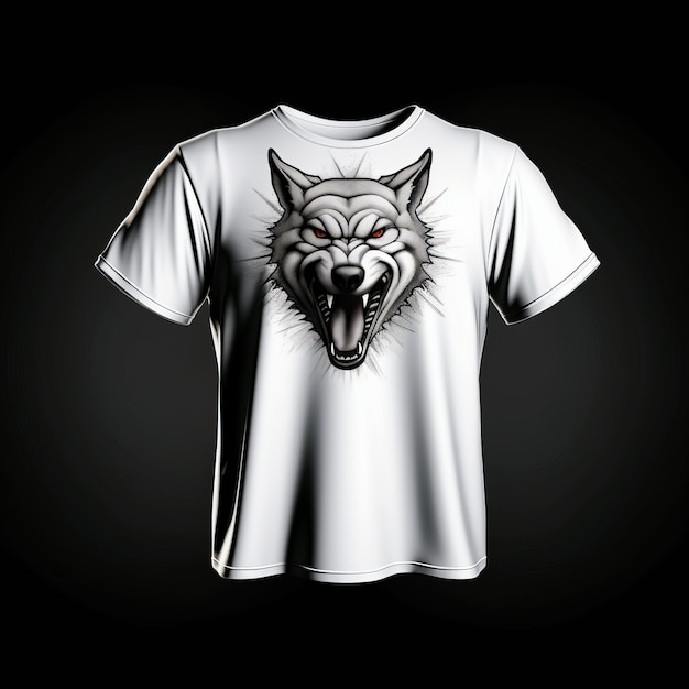 검정색 배경에 늑대 총구 프린트 티셔츠가 있는 흰색 티셔츠 Generative AI