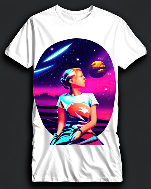 white tshirt with women and galaxy print