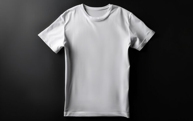 White tshirt on wooden hanger on black background Mockup for design