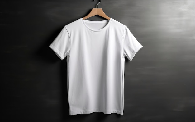 White tshirt on wooden hanger on black background Mockup for design