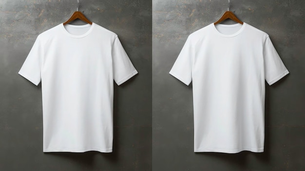White TShirts Mockup clothes hanging isolated on wall blank front and rear side view