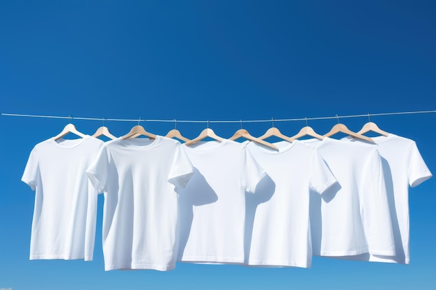 Foto mockup di magliette bianche su appendiabiti all'aperto ai generativo