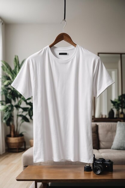 白い壁の背景に私服のコピースペースを持つ白いTシャツシャツのモックアップコンセプト