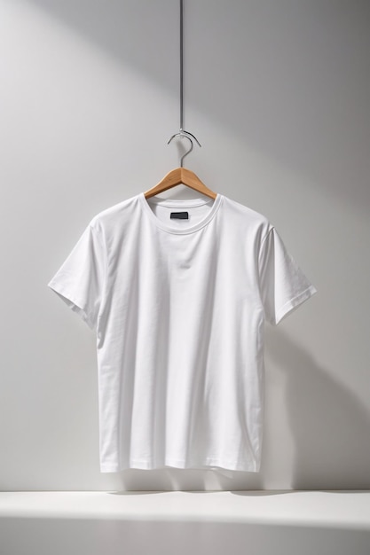 白い壁の背景に私服のコピースペースを持つ白いTシャツシャツのモックアップコンセプト