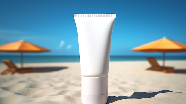 A white tube of cream on a beach