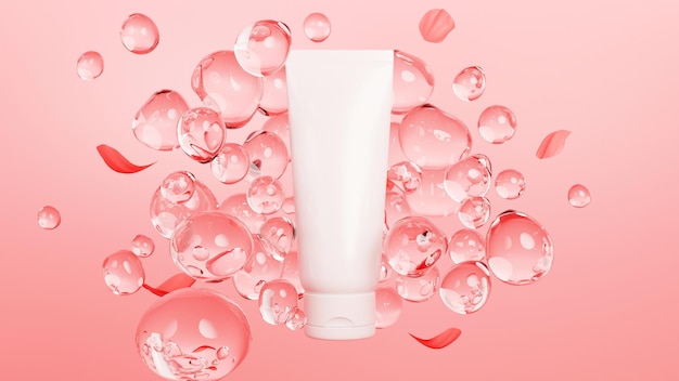 White tube mockup with abstract bubbles on pink background beauty skincare package 3d render