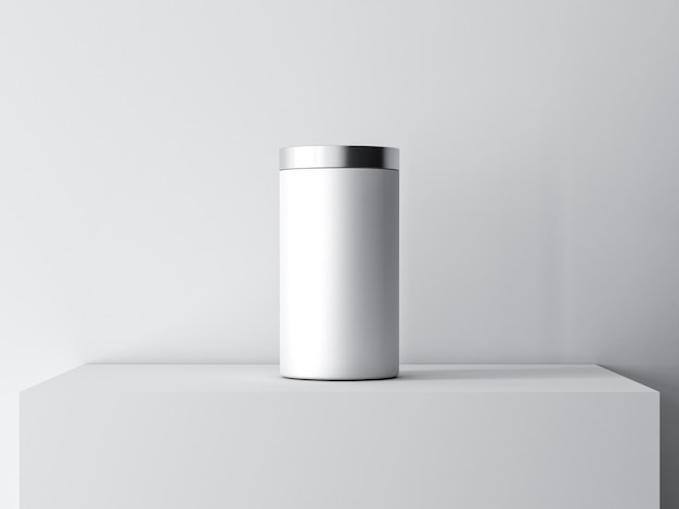 White Tube Tin kan Mockup met chromen deksel op wit voetstuk, 3D-rendering