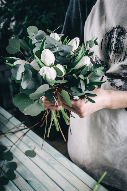 White tulip in brides flower bouquet