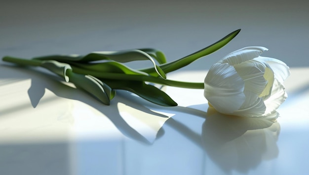 white tulip on white background shadows copy space area