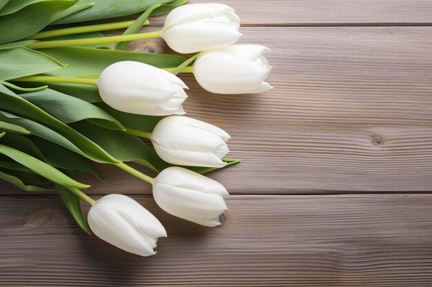 White tulips on wood table