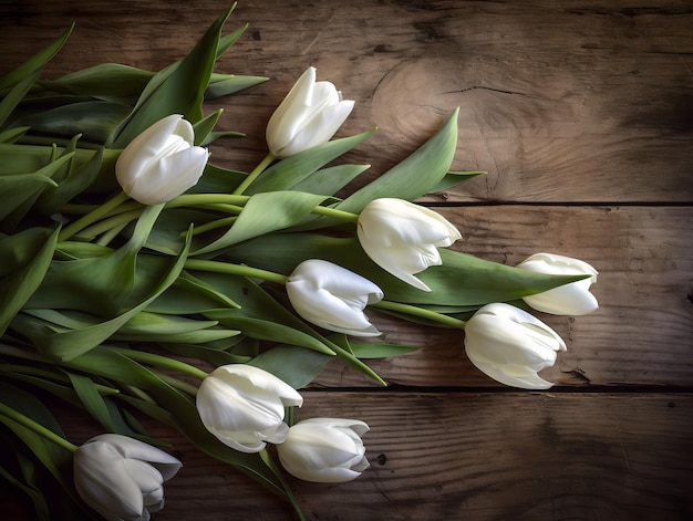 White tulips on a wooden table